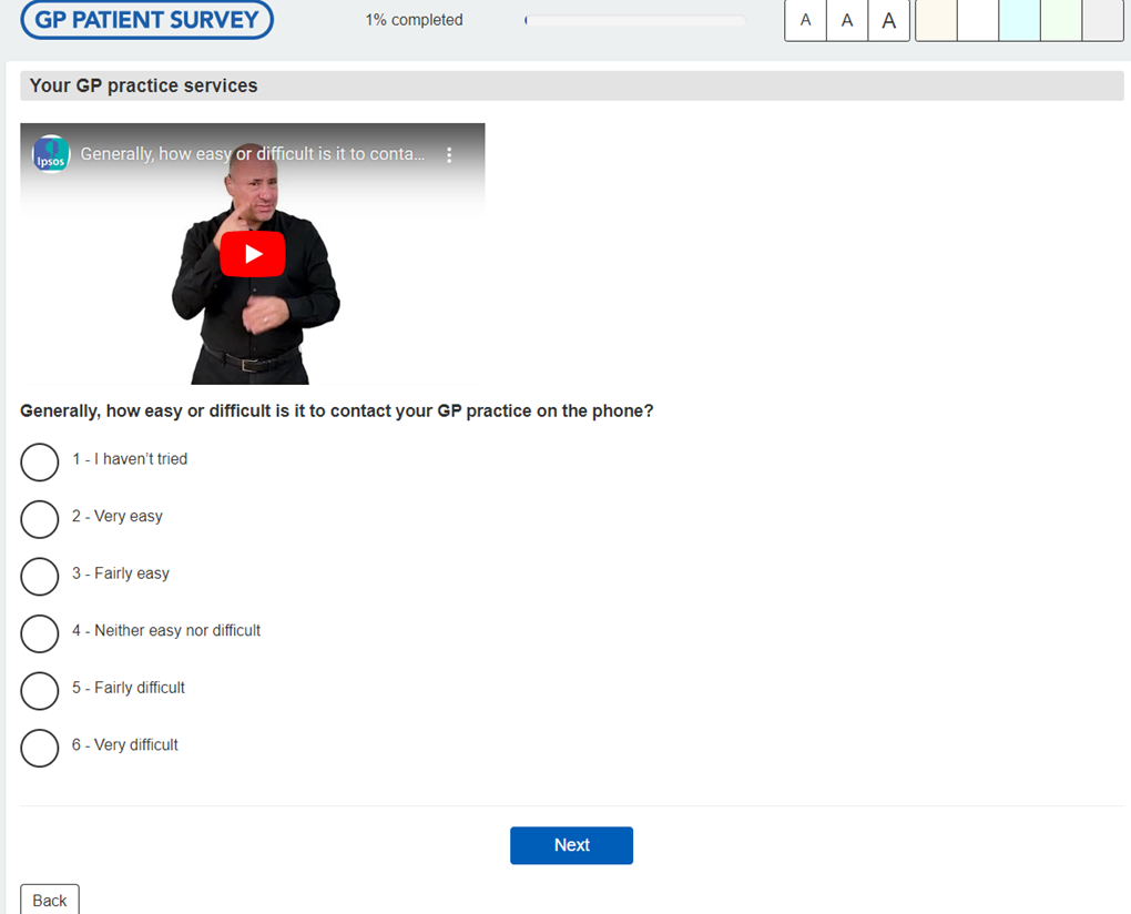 An image showing an example question viewing the online questionnaire in BSL An image showing an example question viewing the online questionnaire in BSL